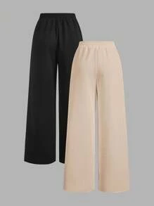 SHEIN EZwear 2pcs Women's Casual Solid Color Wide Leg Sweatpants - Khaki - View 2