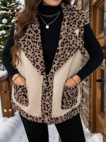 SHEIN LUNE 大码豹纹羊毛背心外套，秋冬，休闲日常穿着，老钱，感恩节装扮节日装扮保暖 - 彩色 - 查看 3