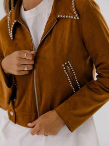 Aralina Dubbad krage Zip-Up Faux mocka Cropped Fashion Jacka