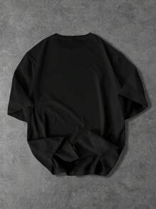 Manfinity Homme 男士度假复古修身字母印花圆领休闲百搭短袖 T 恤， - 黑色 - 查看 2