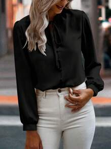 EMERY ROSE Simple Solid Color Puff Sleeve Shirt, Casual Autumn Fall Cloth For Women - Black - View 3