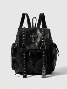 ROMWE Goth Fashionable Rivet Punk Style PU Leather Backpack - Black - View 3