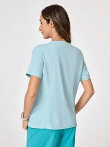 SHEIN TaskFit Contrast V-Neck Patchwork Pocket Short Sleeve Scrub Uniform Top - Mint Green - View 2
