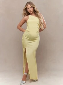 MISSGUIDED Vestido largo asimétrico con un solo tirante, abertura lateral y espalda descubierta - Amarillo - Ver 1