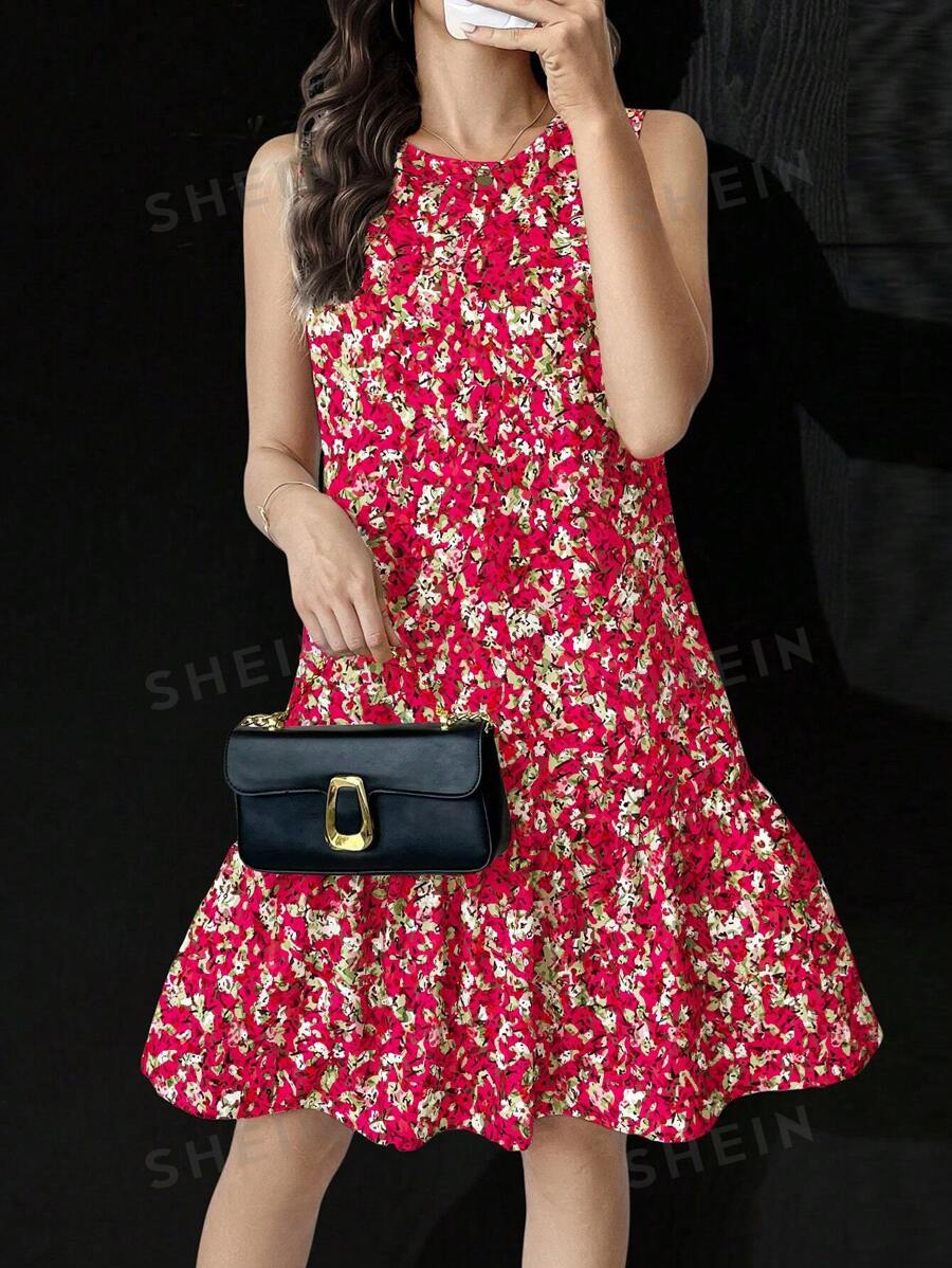 Breezaya Ditsy Floral Fără mâneci Culoare Unică Decolteu Crew Volane Tivul Rochie Casual Pentru Haine de Anul Nou