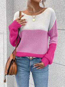 SHEIN LUNE 女士休闲撞色不对称领长袖毛衣，秋冬针织套头衫 - 彩色 - 查看 4