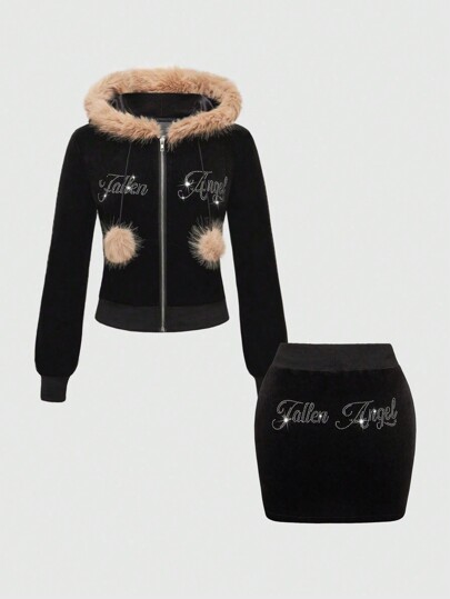 2pcs Retro Diva Letter Rhinestone Velvet Fuzzy Patchwork Hoodie And Mini Skirt Set