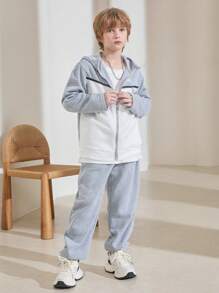 SHEIN Tween Boys' July 4th Graphic Contrast Tape Zipper Hoodie & Pants Set, Casual Sports Fleece Suit For Commuting, School, Daily Lounging, Thickened - Grey - View 6