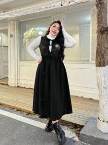 SHEIN Privé 女式加大码蝴蝶结PU拼接黑色无袖基本款时尚连衣裙（冬季） - 黑色 - 查看 6