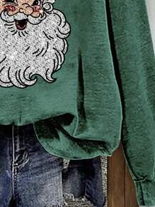 SHEIN LUNE Áo hoodie dài tay cổ tròn in họa tiết ông già Noel giản dị phong cách Giáng sinh rộng rãi, dày dặn cho nữ - Màu xanh lá cây đậm - Xem 4