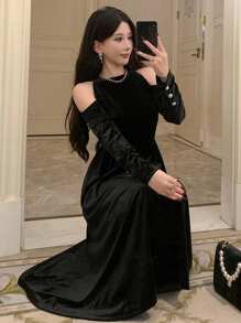 DAZY Đầm midi dài tay hở vai màu trơn cổ tròn khoét sâu cho nữ, Đầm dạ hội đêm giao thừa thanh lịch, trang phục mùa thu sang trọng - màu đen - Xem 3