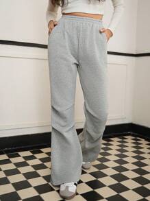 SHEIN Teen Girls' Casual Fashionable American Chic Gray Flare Pleat Sweatpants - Light Grey - View 4