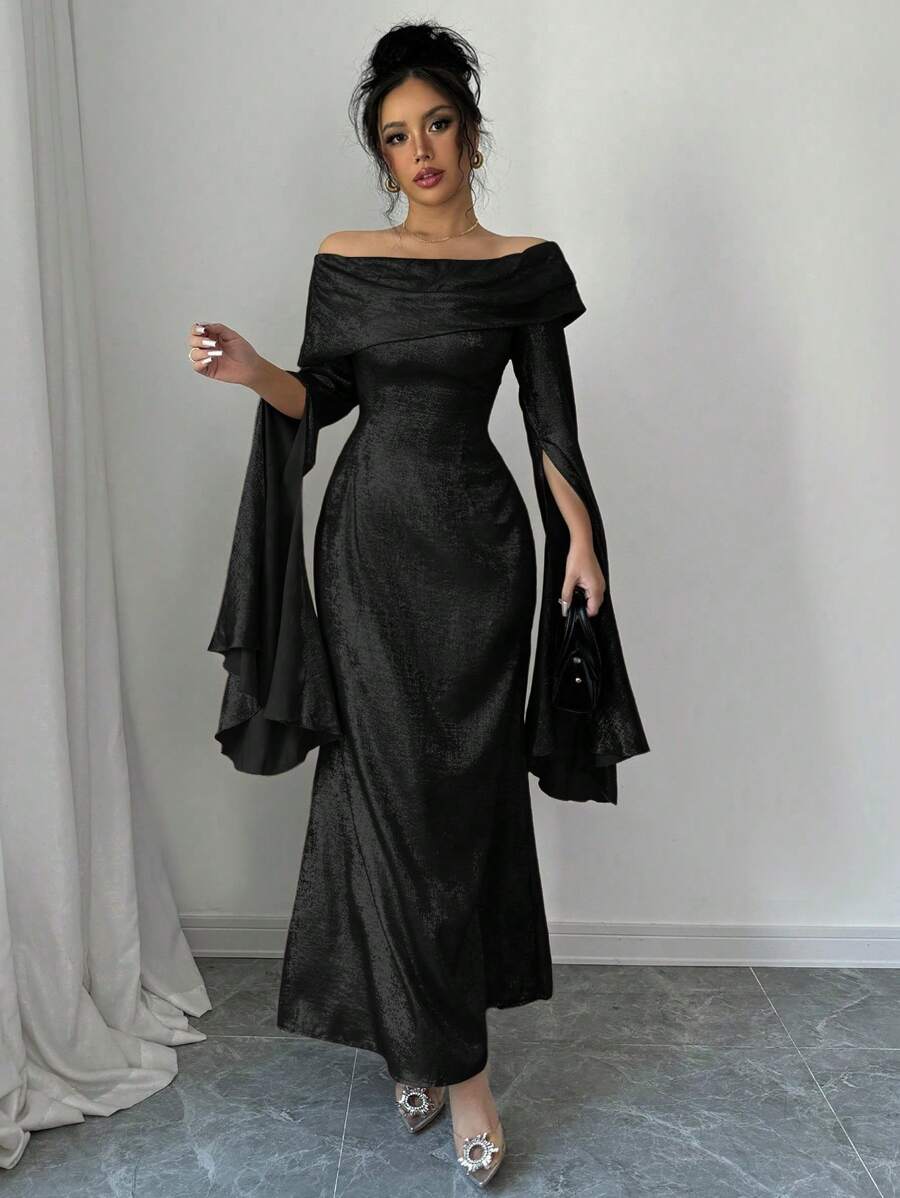 Rafferiza 开衩长袖露肩腰褶皱连衣裙，优雅派对礼服长款女装 - 黑色 - 查看 1