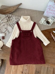 SHEIN LMoss Kids LMoss Baby Girl Cute Burgundy Corduroy Overall Dress