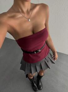 SHEIN EZwear 女士纯色百搭抹胸上衣 - 酒紅色 - 查看 1