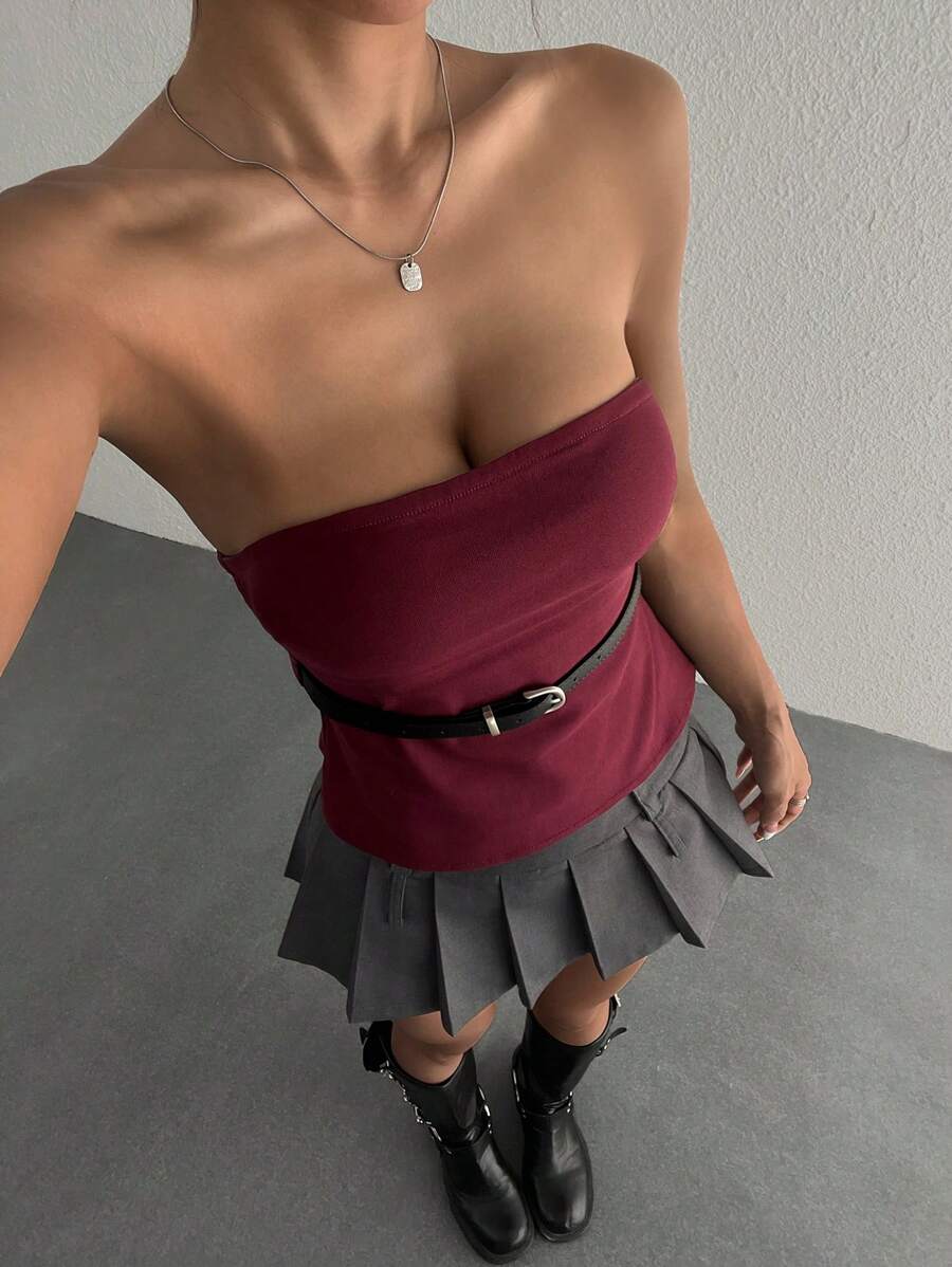 SHEIN EZwear 女士纯色百搭抹胸上衣 - 酒紅色 - 查看 1