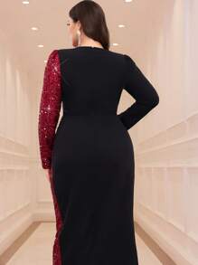 Modelyn Plus Size Women Sequin Splice Color Block Puff Sleeve Split Hem Elegant Dress, Autumn Long Evening Dresses - Multicolor - View 2