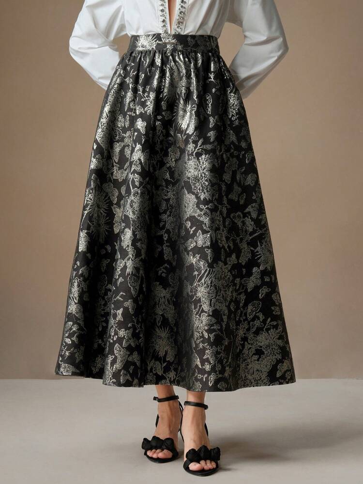 Women's Butterfly Embroidery Flared Hem Black Skirt, Autumn/Winter New Style