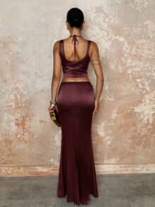 SHEIN BAE 女士优雅蕾丝拼布短款吊带背心和鱼尾下摆短裙 2 件套 - 咖啡棕 - 查看 2