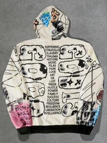 Manfinity Roghcode Plus Size Men Graffiti Print Hooded Sweatshirt, Fashionable For Autumn, Vacation Graphic Long Sleeve Casual Zip-Up Hoodie, For Friends, Husband, Boyfriend Gifts - Multicolor - View 2