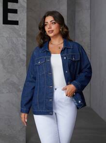 SHEIN Essnce Áo khoác denim dài tay dáng rộng, màu trơn, cài cúc phía trước, có túi, phong cách thường ngày, thích hợp cho dịp Giáng sinh và Lễ Tạ ơn. - Màu xanh lam - Xem 5
