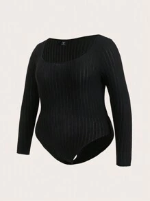 SHEIN Essnce 大码纯色方领罗纹紧身连身衣，长袖