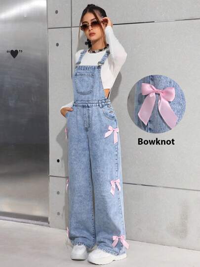 SHEIN Teen Girls Y2K Fashion Stonewashed Baggy Denim Straight Leg Jeans Denim Overalls Jumpsuit Without Tee With Bowknot Decorated Pockets, Girls Fall Winter Clothes Back To School Outfits