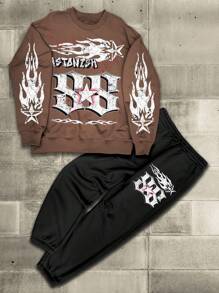 Manfinity LEGND Set de 2 piezas Talla grande Hombre Top de manga larga con cuello redondo con estampado de letras y Pantalones con cordón