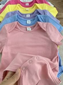 SHEIN LMoss Kids 7pcs/Set Newborn Baby Girl Cute Solid Color Knitted Bodysuit Set, Summer - Multicolor - View 3