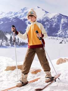 SHEIN Tween Boys Contrast Color Raglan Sleeve Zipper Placket Casual T-Shirt, Autumn/Winter - Yellow - View 2