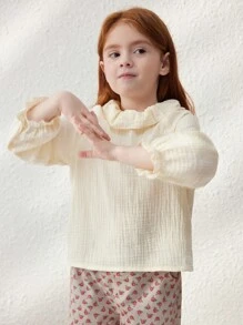Blossori Blusa Jovem de Babados Casuais em Cor Damasco, Elegante Estilo Francês, Outono/Inverno