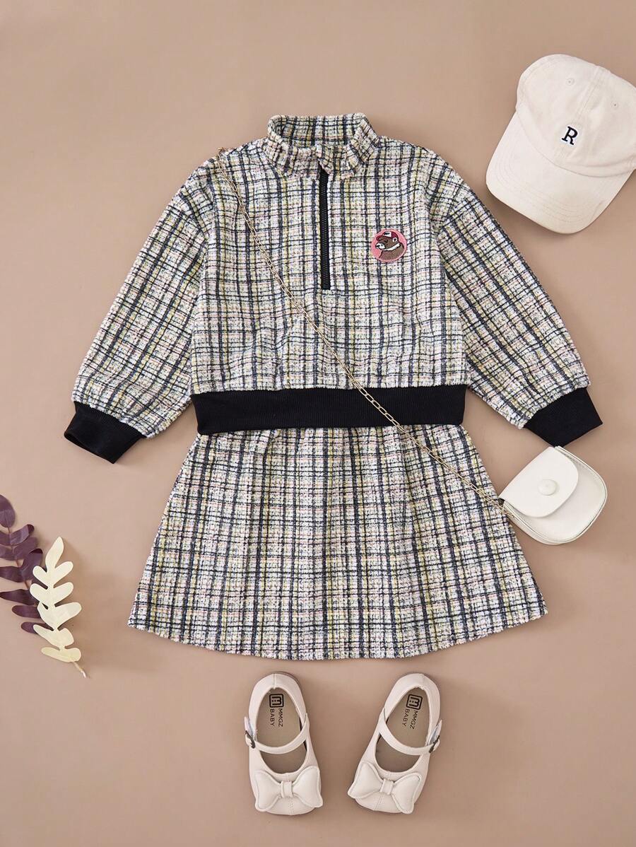 PrepCrw 2 件套年轻女孩秋冬校园风格格子编织腰喇叭 A 字裙和拉链上衣,服装套装 - 綠色 - 查看 1