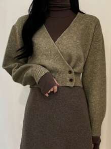 DAZY Women's Solid Color Overlapping V-Neck Long Sleeve Sweater, Autumn/Winter - Army Green - View 8