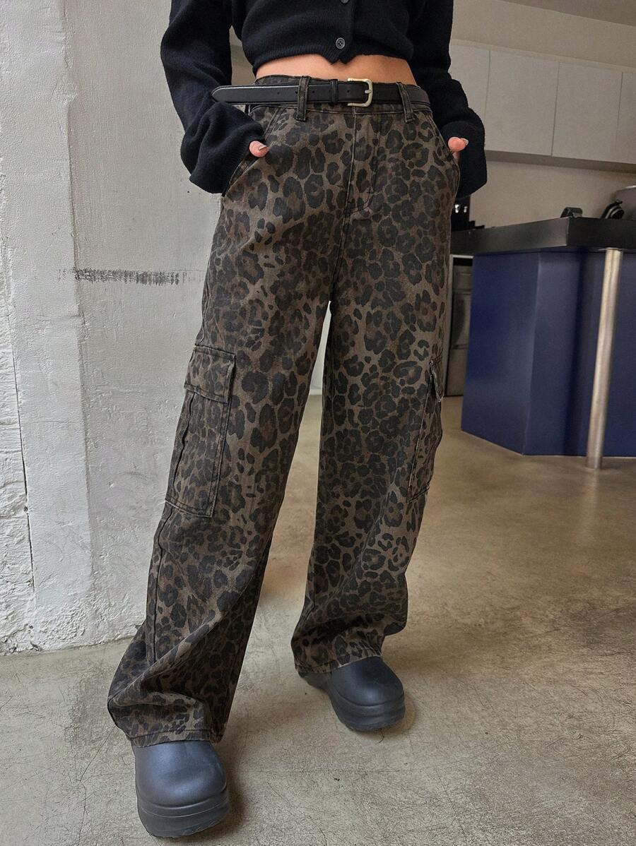 DAZY 女式宽松豹纹口袋细节阔腿牛仔裤冬季裤子猎豹印花 - 棕色 - 查看 1