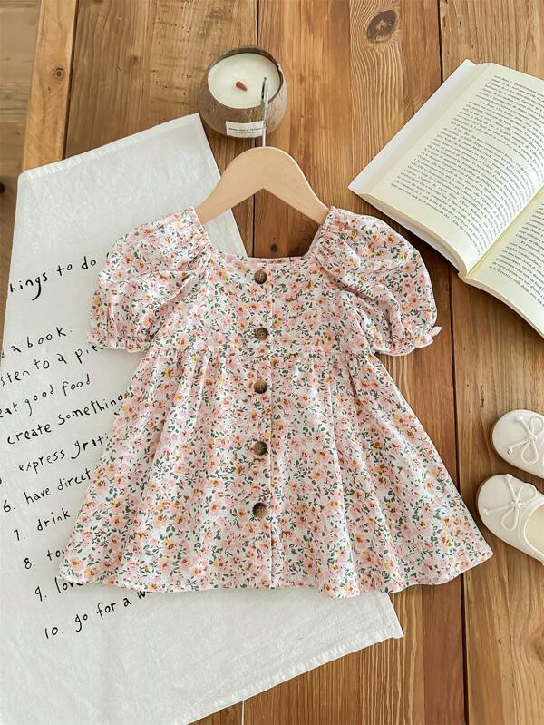 SHEIN LMoss Kids Bebeluşă LMoss Rochie lejeră cu mânecă scurtă cu bule de flori, cu mâneci scurte, cu gât pătrat, vacanţă de vară