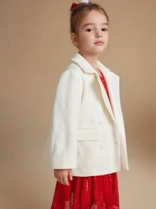 PrepCrw 年轻女孩学院风宽松米色编织双排扣翻领外套，秋冬 - 白色 - 查看 5