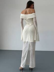 Aloruh Women's Off-Shoulder Textured Fabric Extra Long Flare Sleeve Elegant Knitted Dress, Autumn/Winter - Apricot - View 5