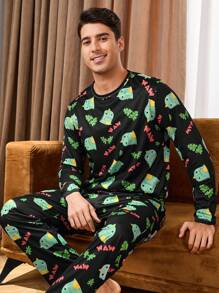 Full Print Crew Neck Long Sleeve Top And Long Pants Pajama Set - Olive Green - View 3