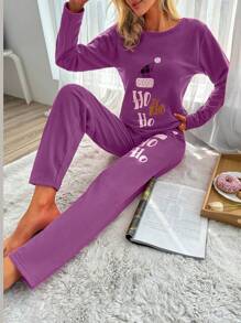 RueChic Conjunto de pijama con Top de manga larga y cuello redondo con estampado de letras y pantalones para mujer