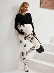SHEIN Floral Print Adjustable Waistband Maternity Leggings, Skinny Pants - Apricot - View 3