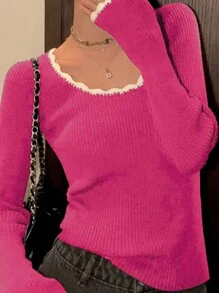 INAWLY Plus Size Casual Simple Stylish Pullover Sweater, Daily Wear, For Winter Knit Pullover Fall - Hot Pink - View 1