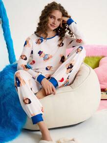 可爱熊卡通女士睡衣套装 - 彩色 - 查看 1