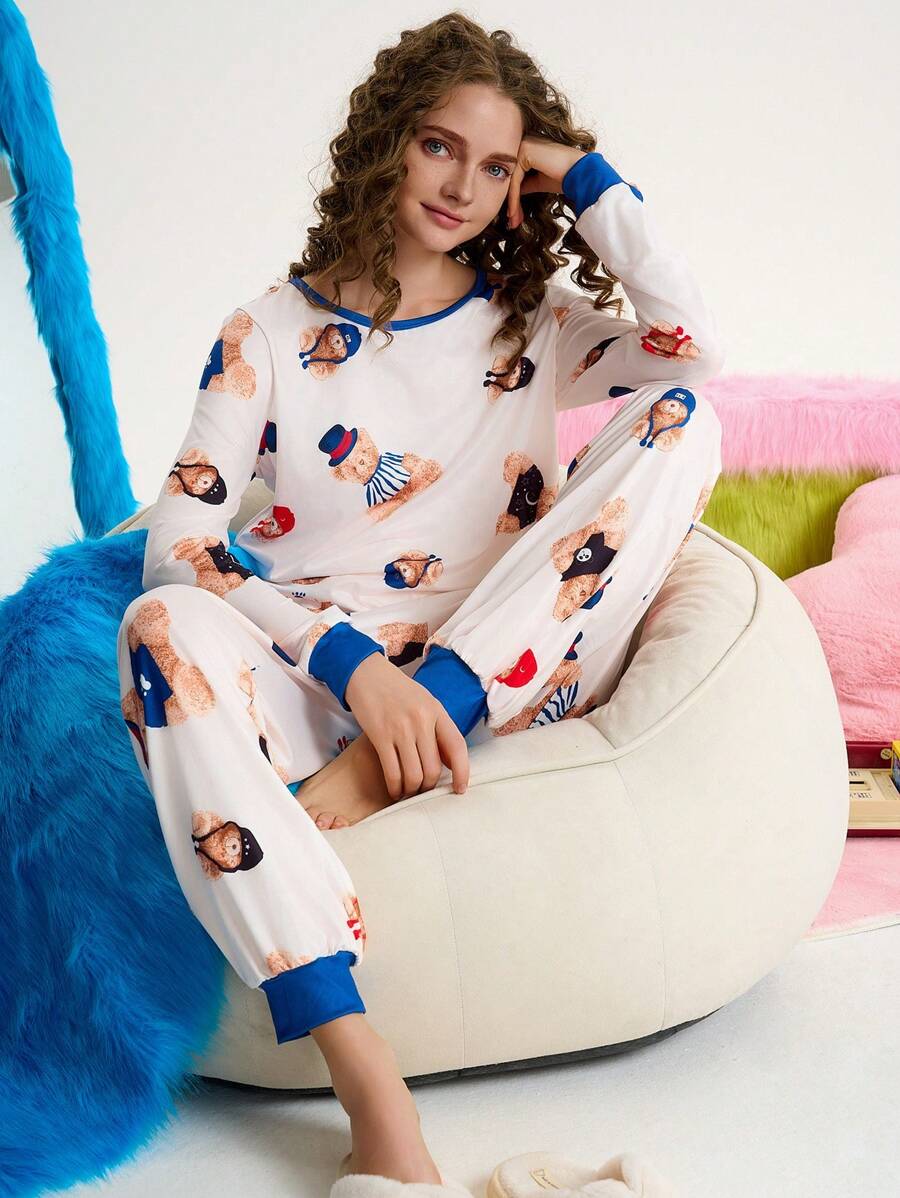 可爱熊卡通女士睡衣套装 - 彩色 - 查看 1