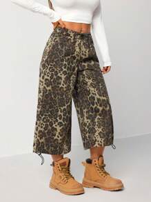 SHEIN EZwear Women's Casual Loose Leopard Print 3/4 Length Cotton Jeans - Multicolor - View 3