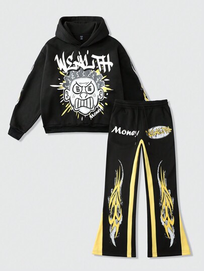 Street Life 1set Men Cartoon Print Hoodie & Sweatpants Tracksuit, Streetwear Retro Style