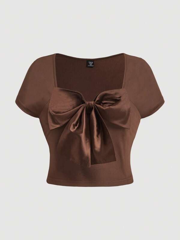 SHEIN MOD Plus Size Women Short Sleeve Solid Color Bow Decor Fitted T-Shirt