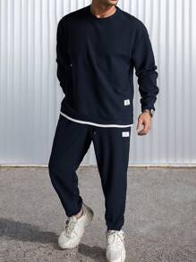 Manfinity Homme Áo nỉ dài tay in chữ và quần nỉ họa tiết tổ ong cho nam, bộ đồ thường ngày, mùa thu - Màu xanh hải quân - Xem 1
