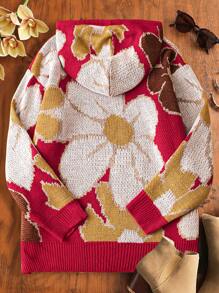 Plus Size Women Floral Pattern Long Sleeve Drawstring Hooded Sweater, Autumn/Winter Knit Pullover Fall - Burgundy - View 2