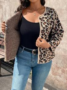 SHEIN LUNE Plus Size Leopard Print Pocket Front Button Long Sleeve Cardigan