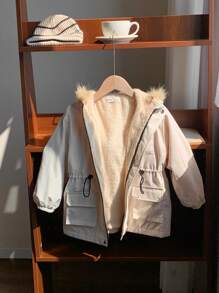 1pc Casual Comfortable Warm White Fleece Hooded Jacket With Pockets For Young Boys, Suitable For Outings, School, Daily Occasions, Autumn And Winter Seasons